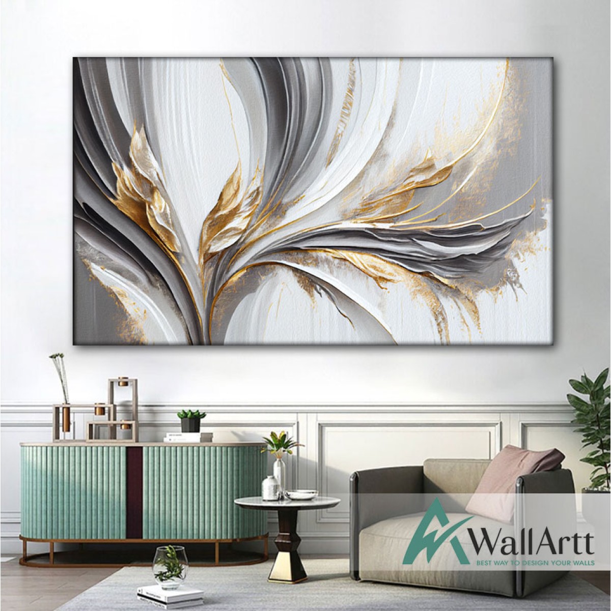 Abstract Gold  Leaves 3d Heavy Textured Partial Oil Painting